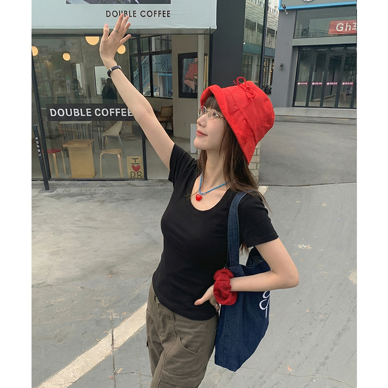 實拍實價白色u領純棉正肩短袖t恤女夏短款緊身修身顯瘦休閑百搭