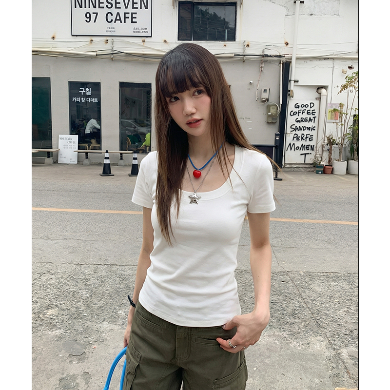實拍實價白色u領純棉正肩短袖t恤女夏短款緊身修身顯瘦休閑百搭