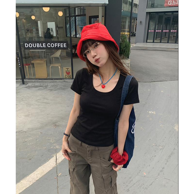 實拍實價白色u領純棉正肩短袖t恤女夏短款緊身修身顯瘦休閑百搭