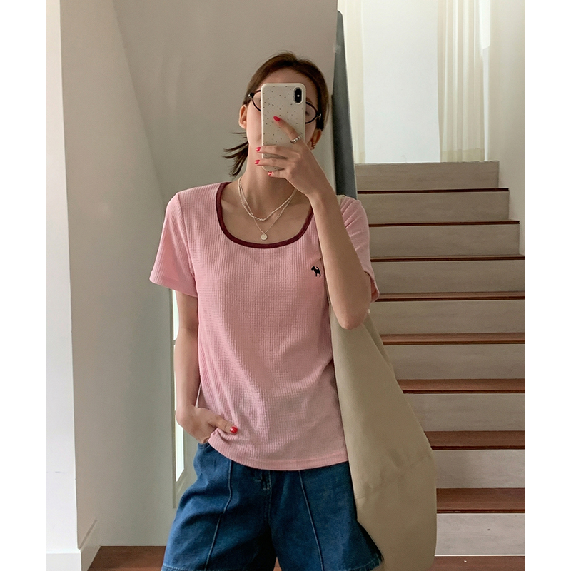 實拍實價#撞色拼接方領正肩t恤女新款夏季刺繡寬松顯瘦上衣體恤