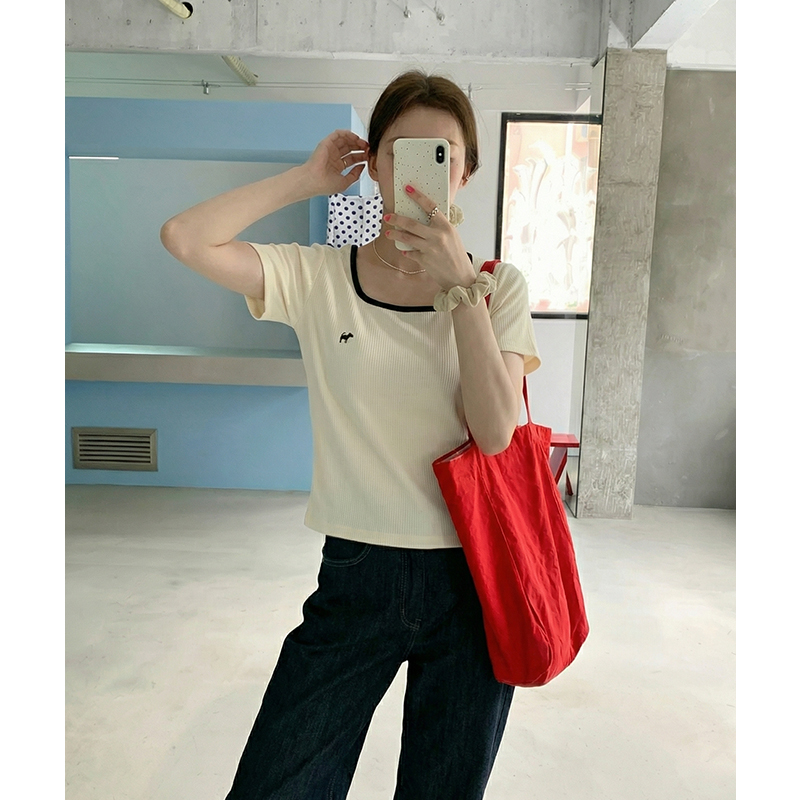 實拍實價#撞色拼接方領正肩t恤女新款夏季刺繡寬松顯瘦上衣體恤