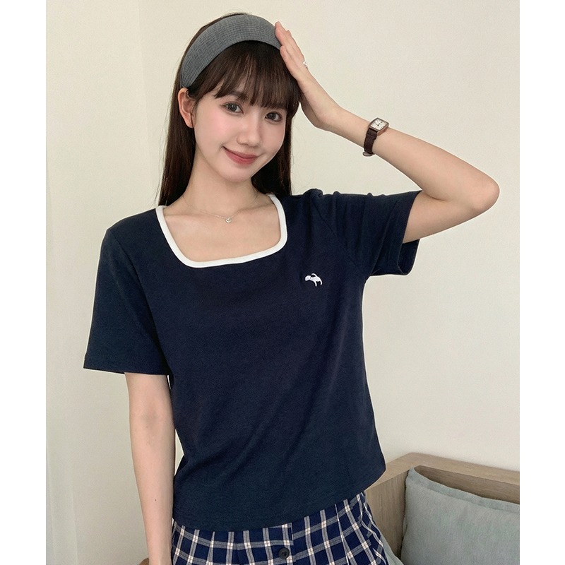 實拍實價#撞色拼接方領正肩t恤女新款夏季刺繡寬松顯瘦上衣體恤