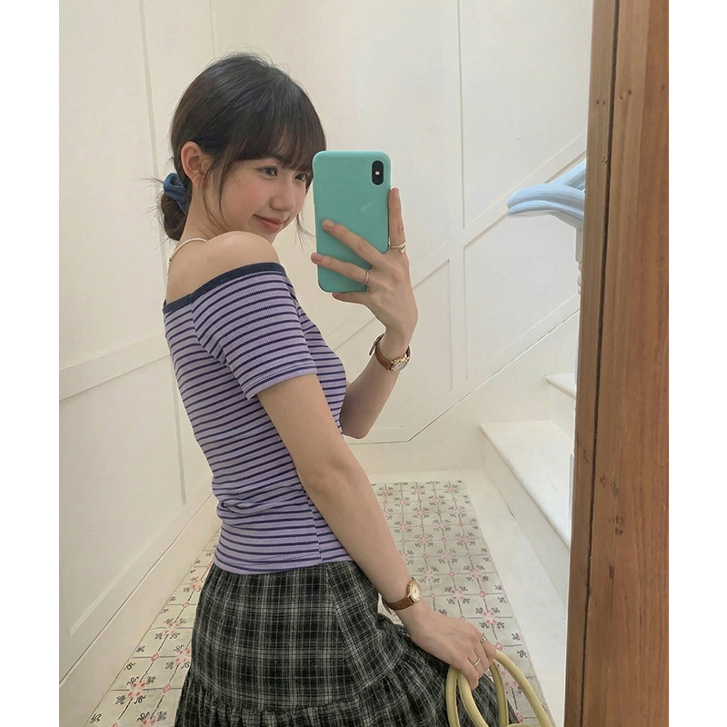 實拍實價紫色條紋斜肩短袖t恤女2026春季新款修身短款露肩上衣潮