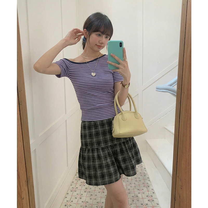 實拍實價紫色條紋斜肩短袖t恤女2026春季新款修身短款露肩上衣潮
