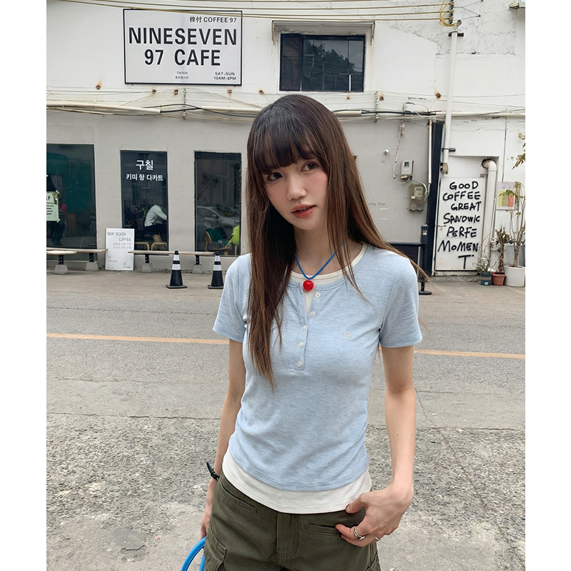實拍實價圓領藍色假兩件正肩短袖t恤女2026夏季小個子休閑體恤