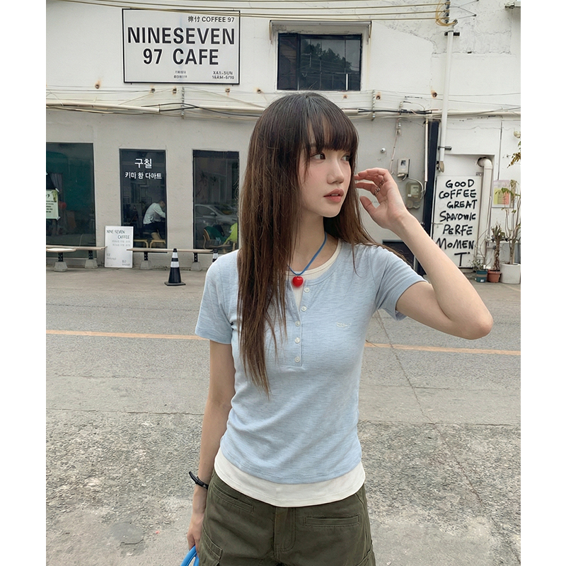 實拍實價圓領藍色假兩件正肩短袖t恤女2026夏季小個子休閑體恤