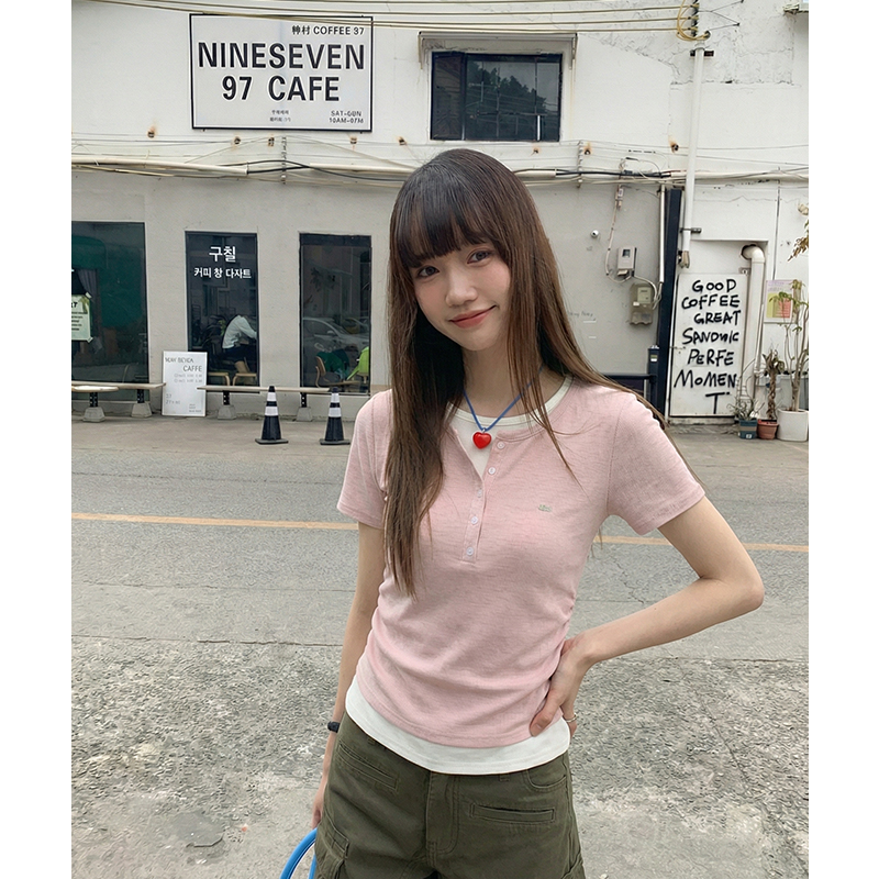 實拍實價圓領藍色假兩件正肩短袖t恤女2026夏季小個子休閑體恤