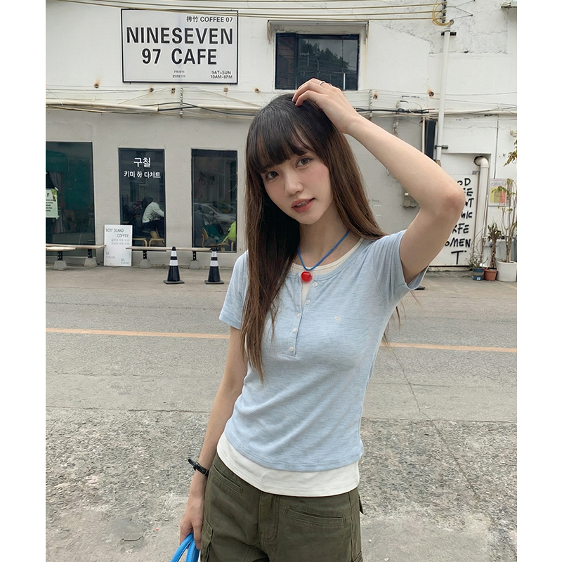 實拍實價圓領藍色假兩件正肩短袖t恤女2026夏季小個子休閑體恤