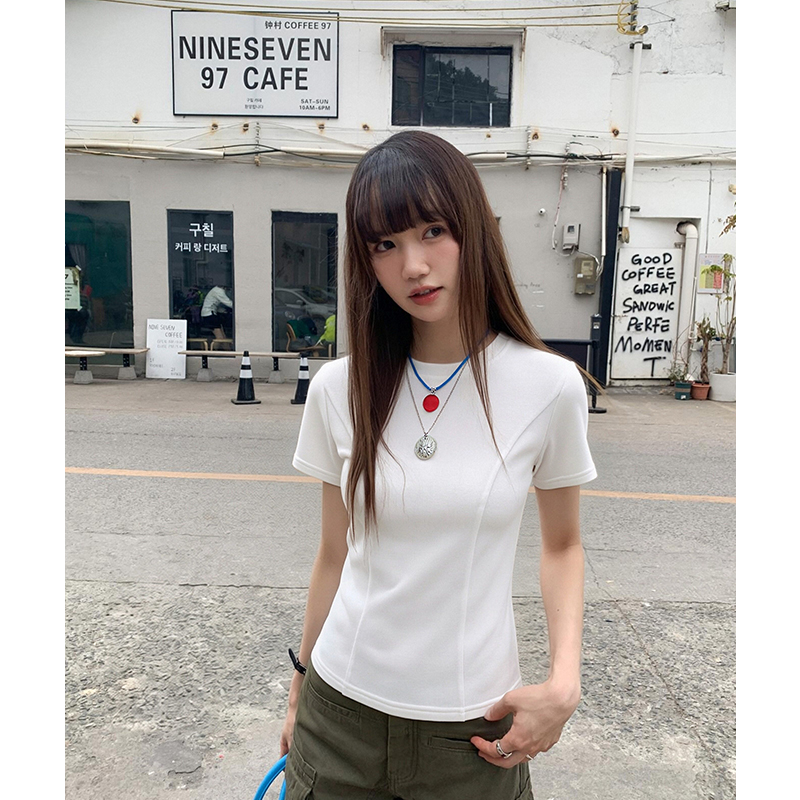 實拍實價#正肩短袖t恤女夏季2026新款圓領修身顯瘦洋氣魚骨上衣潮