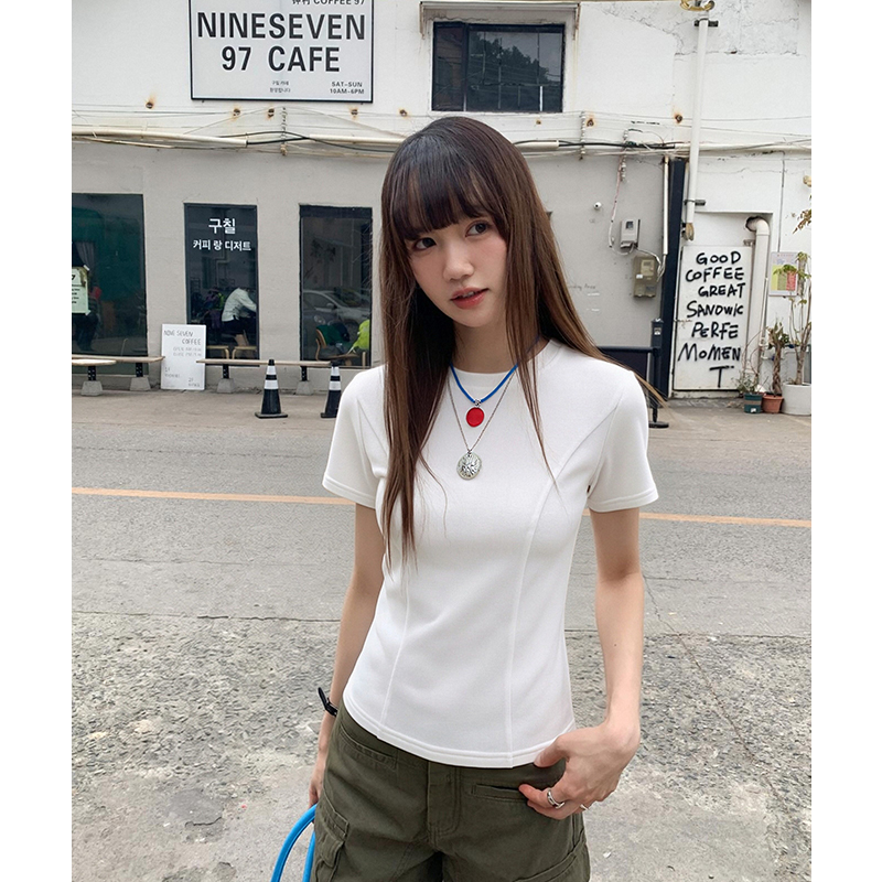 實拍實價#正肩短袖t恤女夏季2026新款圓領修身顯瘦洋氣魚骨上衣潮