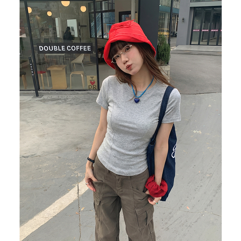 實拍實價#正肩短袖t恤女夏季2026新款圓領修身顯瘦洋氣魚骨上衣潮