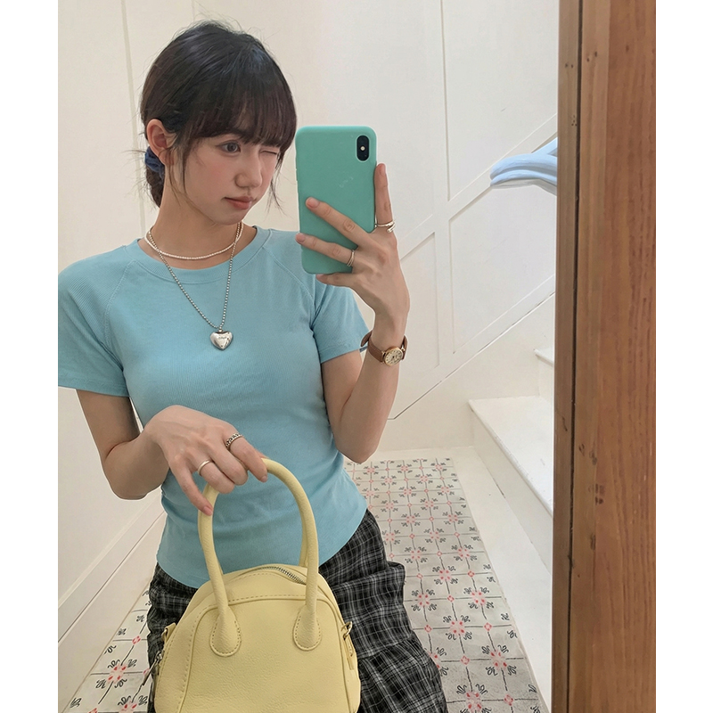 實拍實價#圓領正肩短袖t恤女夏褶皺收腰高級感休閑百搭顯瘦體恤衫