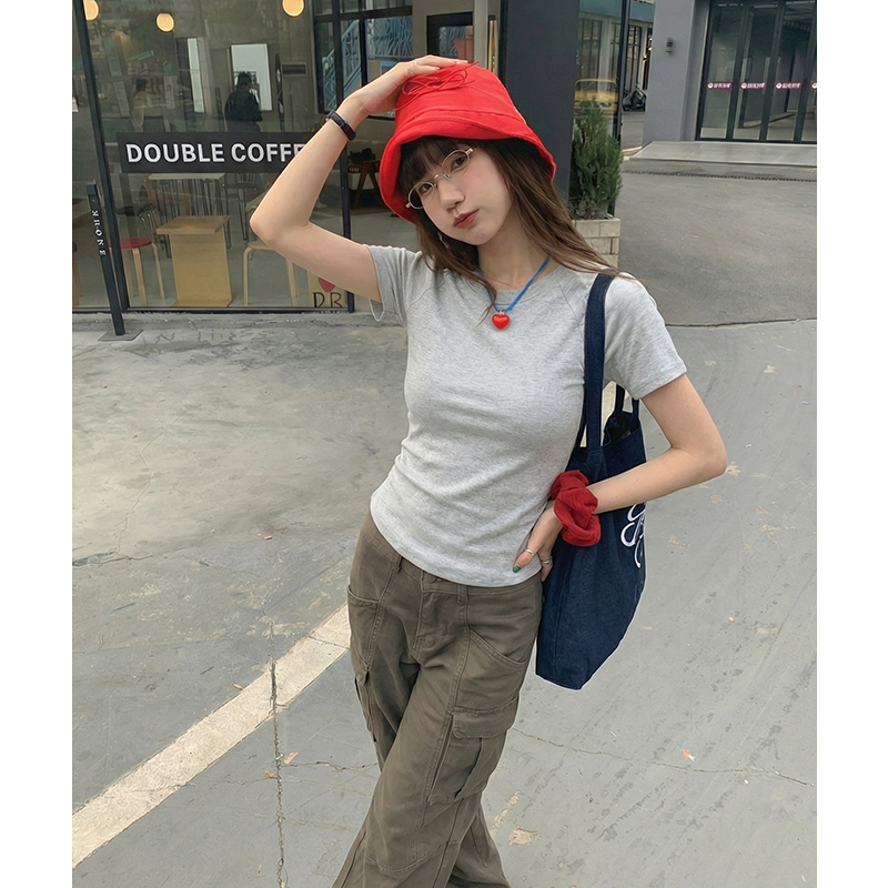 實拍實價#圓領正肩短袖t恤女夏褶皺收腰高級感休閑百搭顯瘦體恤衫