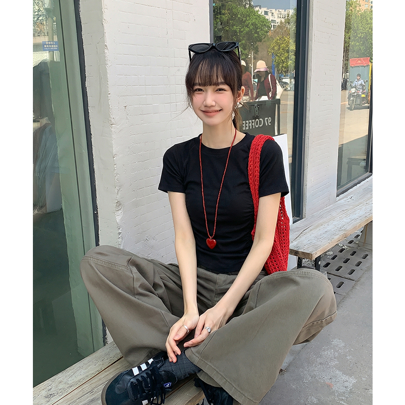 實拍實價#圓領正肩短袖t恤女夏褶皺收腰高級感休閑百搭顯瘦體恤衫