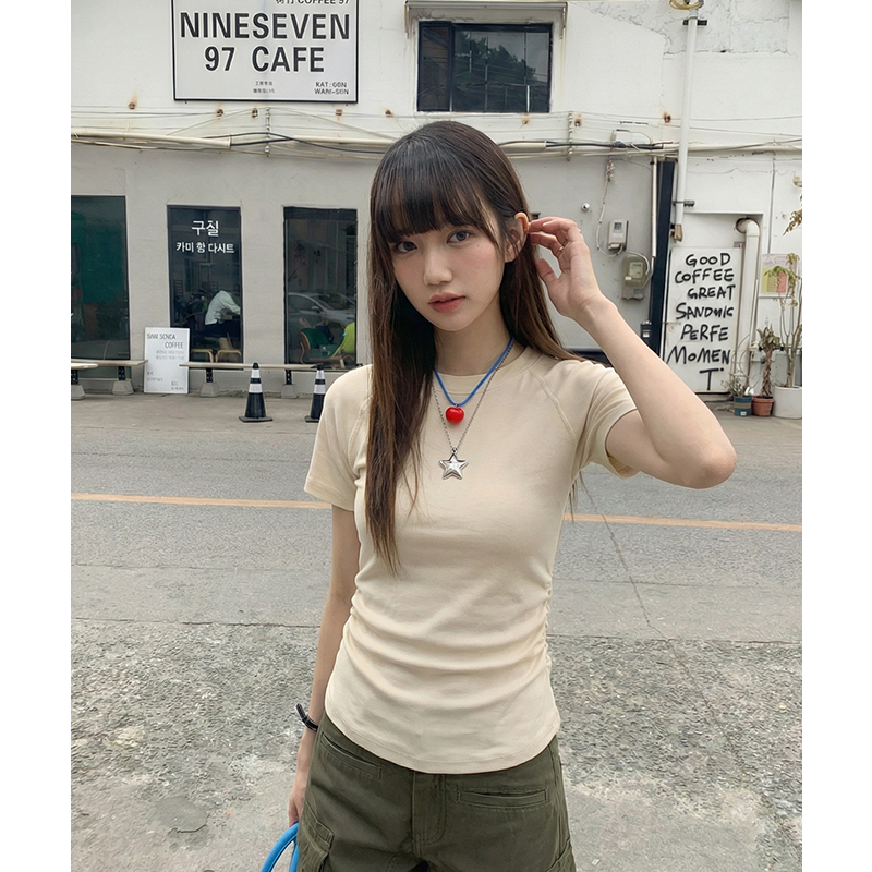 實拍實價#圓領正肩短袖t恤女夏褶皺收腰高級感休閑百搭顯瘦體恤衫