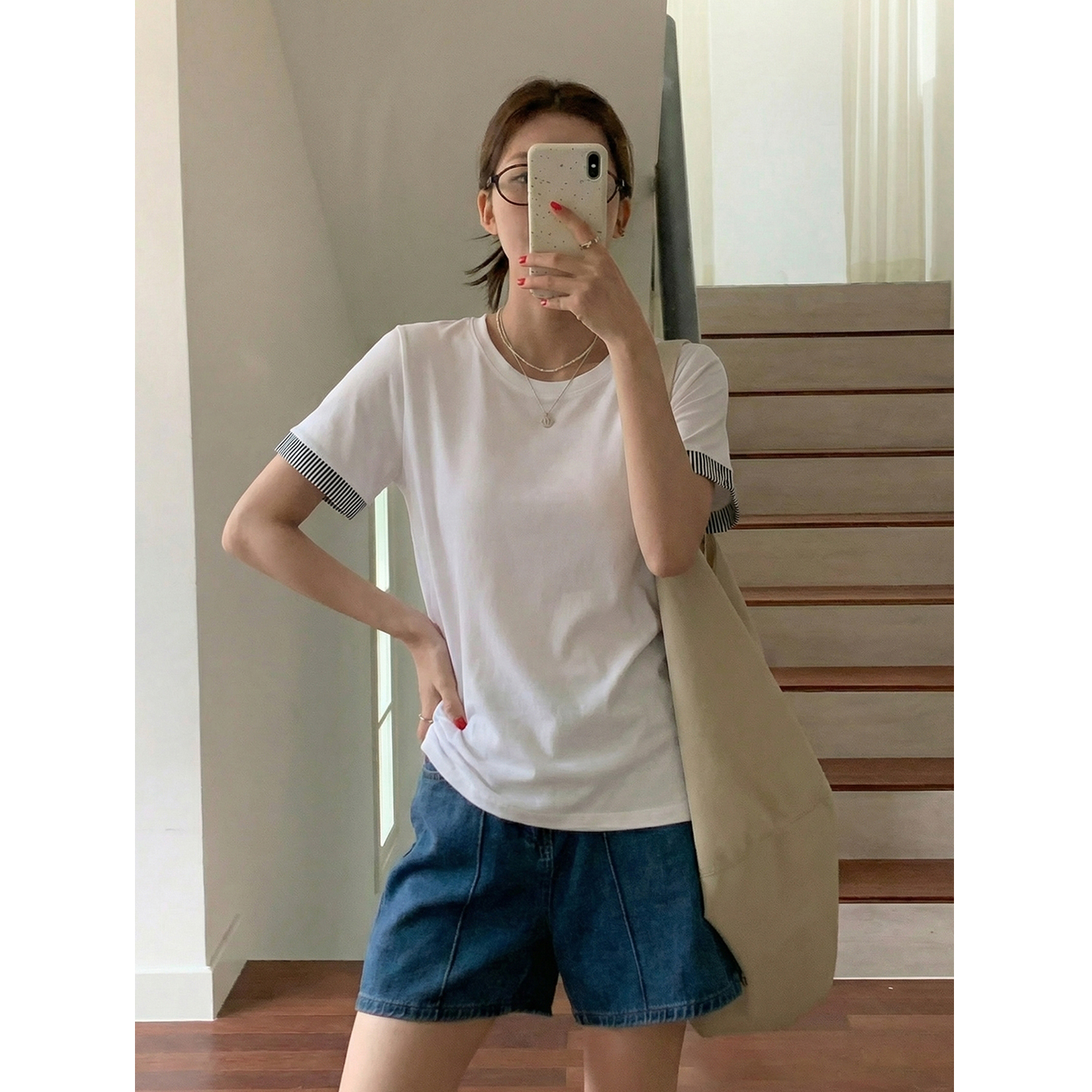 實拍實價#條紋拼接正肩短袖T恤女夏季2026年新款寬松外穿打底衫