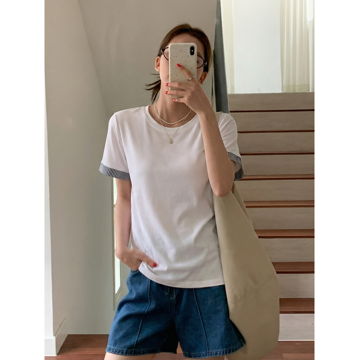 實拍實價#條紋拼接正肩短袖T恤女夏季2026年新款寬松外穿打底衫