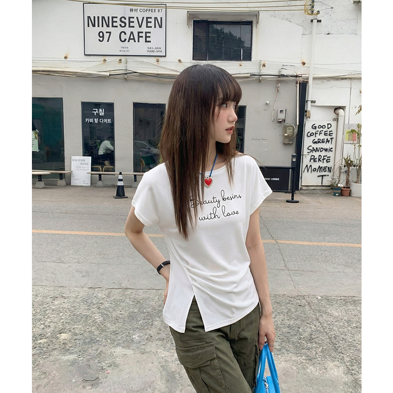 實拍實價不規則一字肩短袖t恤女2026新款設計感褶皺收腰露肩上衣