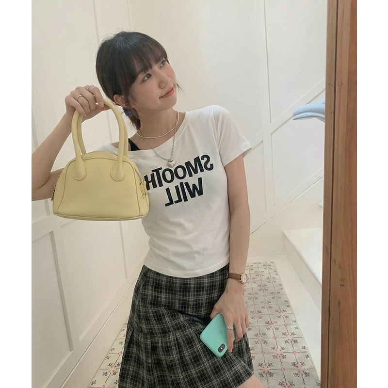 實拍實價#短袖t恤女夏季2026新款美式印花性感褶皺收腰吊帶露肩