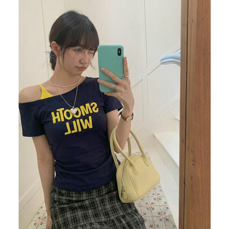 實拍實價#短袖t恤女夏季2026新款美式印花性感褶皺收腰吊帶露肩