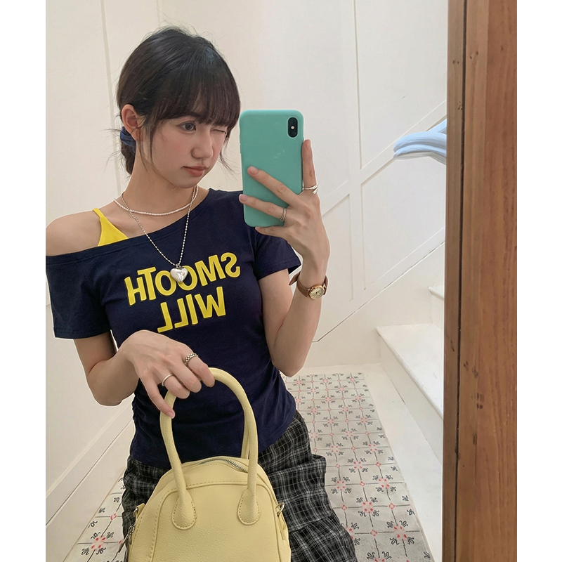 實拍實價#短袖t恤女夏季2026新款美式印花性感褶皺收腰吊帶露肩