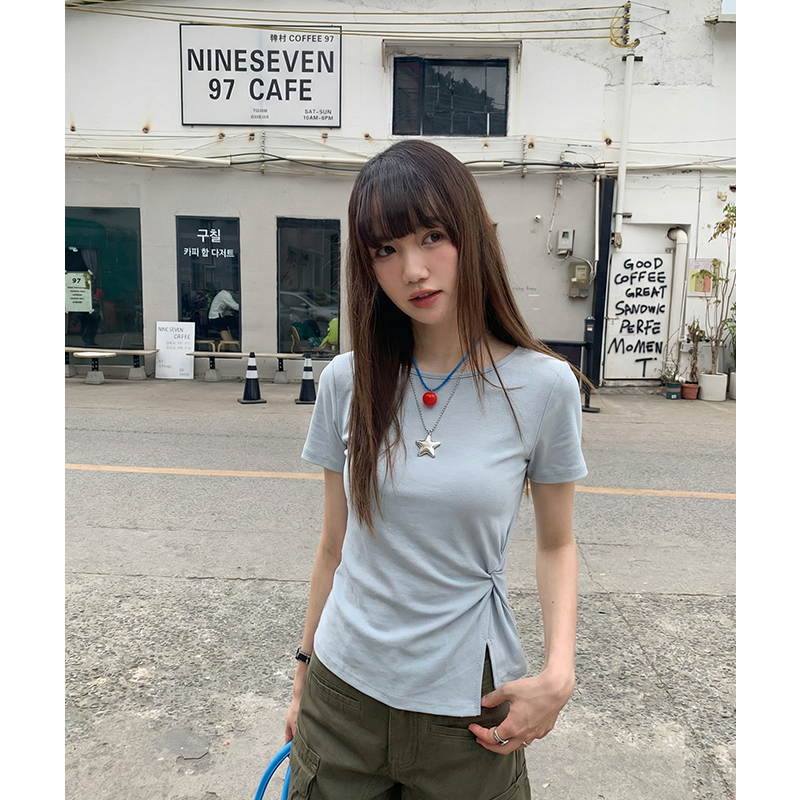 實拍實價#豆綠色不規則扭結正肩短袖t恤女夏季休閑百搭修身短款