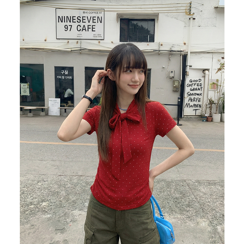 實拍實價#紅色波點短袖t恤女2026夏正肩修身顯瘦蝴蝶結綁帶夏絕美