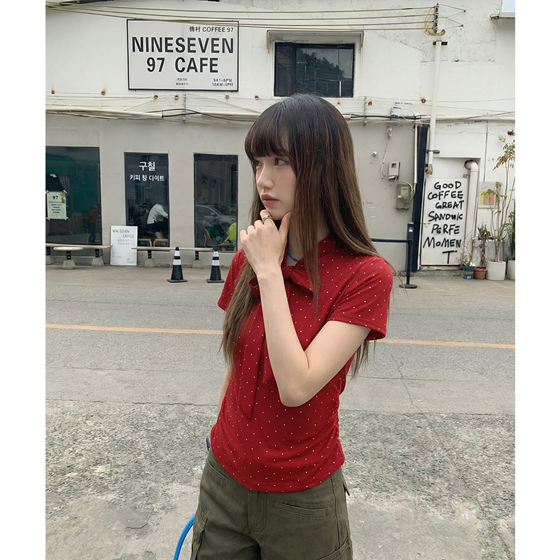實拍實價#紅色波點短袖t恤女2026夏正肩修身顯瘦蝴蝶結綁帶夏絕美
