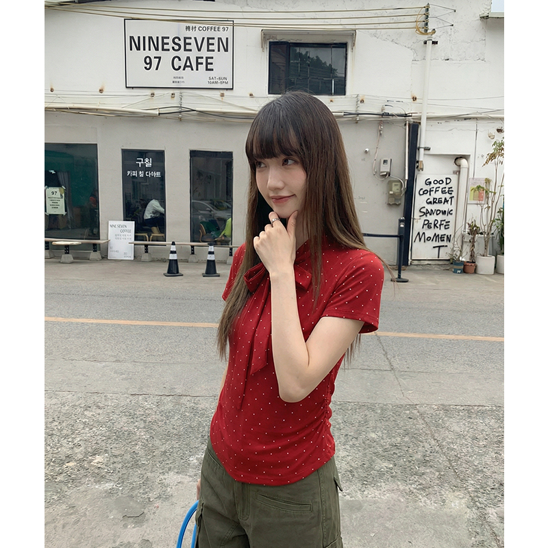 實拍實價#紅色波點短袖t恤女2026夏正肩修身顯瘦蝴蝶結綁帶夏絕美