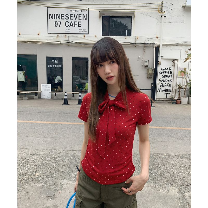 實拍實價#紅色波點短袖t恤女2026夏正肩修身顯瘦蝴蝶結綁帶夏絕美