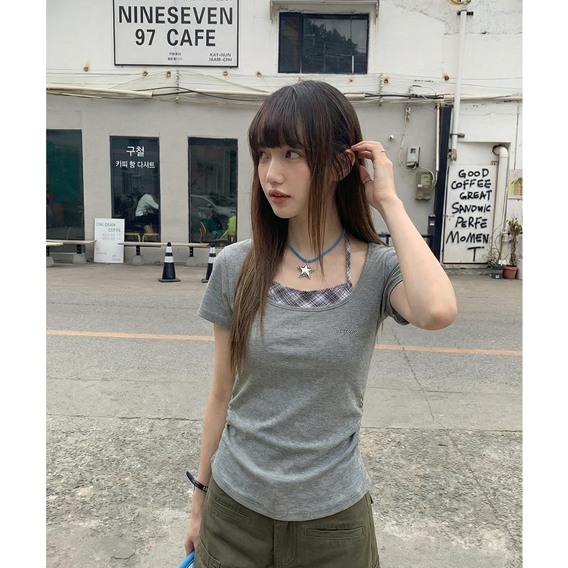 實拍實價#短袖t恤女夏季2026新款設計感小眾獨特別致掛脖假兩件