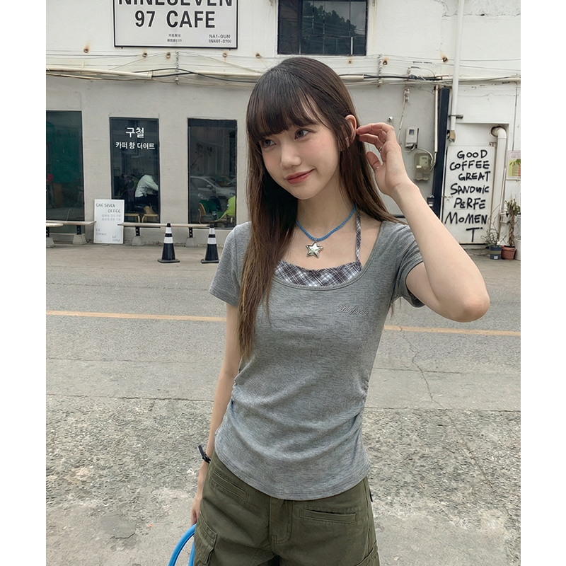 實拍實價#短袖t恤女夏季2026新款設計感小眾獨特別致掛脖假兩件