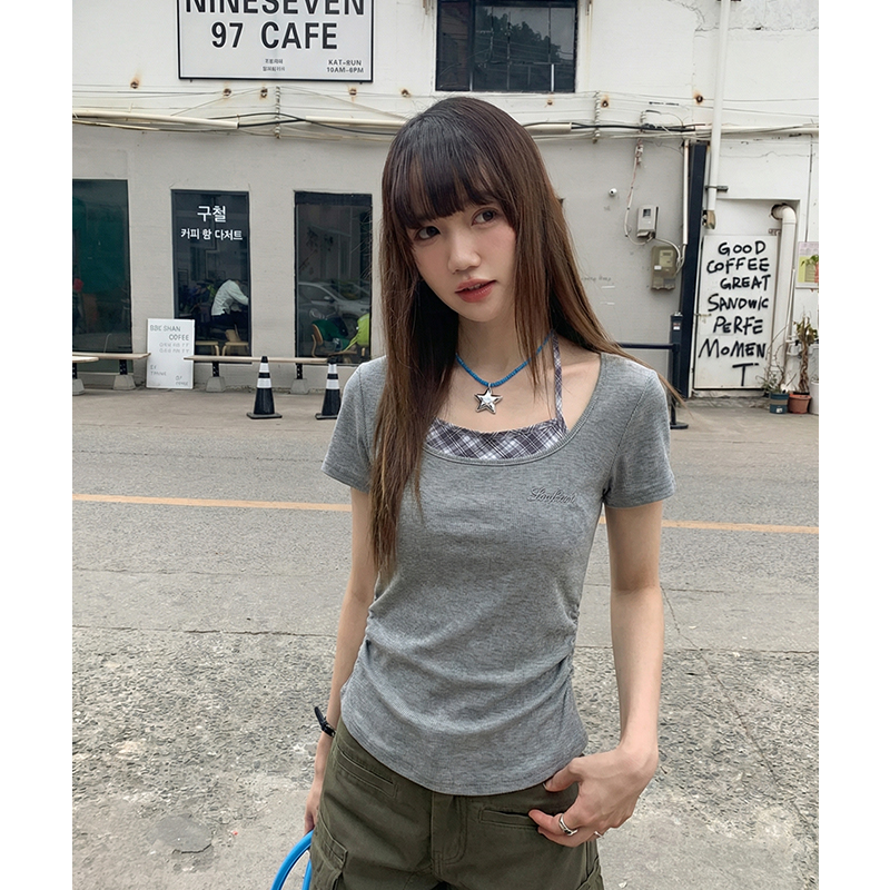 實拍實價#短袖t恤女夏季2026新款設計感小眾獨特別致掛脖假兩件
