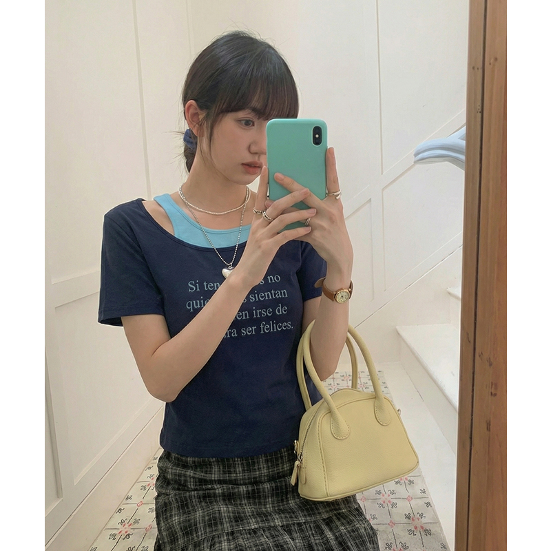 實拍實價#藏青色字母印花假兩件短袖t恤女春2026新款顯瘦寬松鏤