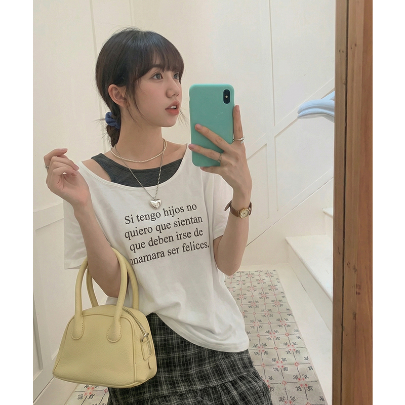 實拍實價#藏青色字母印花假兩件短袖t恤女春2026新款顯瘦寬松鏤
