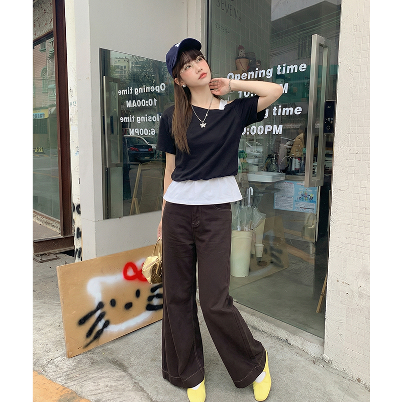 實拍實價#灰色假兩件斜肩短袖t恤女2026年春休閑收腰寬松露肩上衣