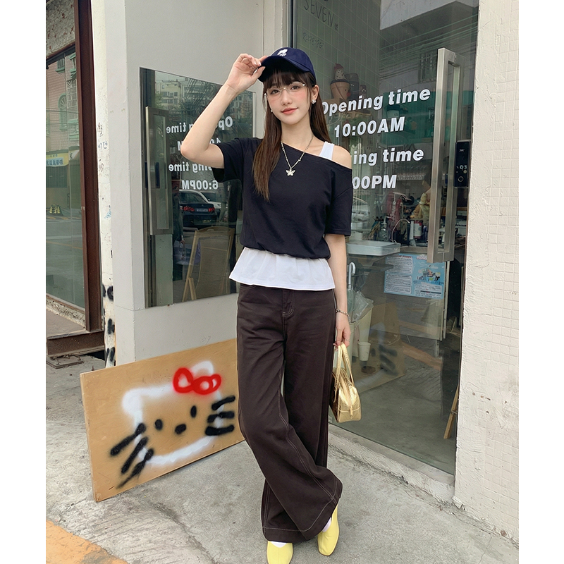 實拍實價#灰色假兩件斜肩短袖t恤女2026年春休閑收腰寬松露肩上衣