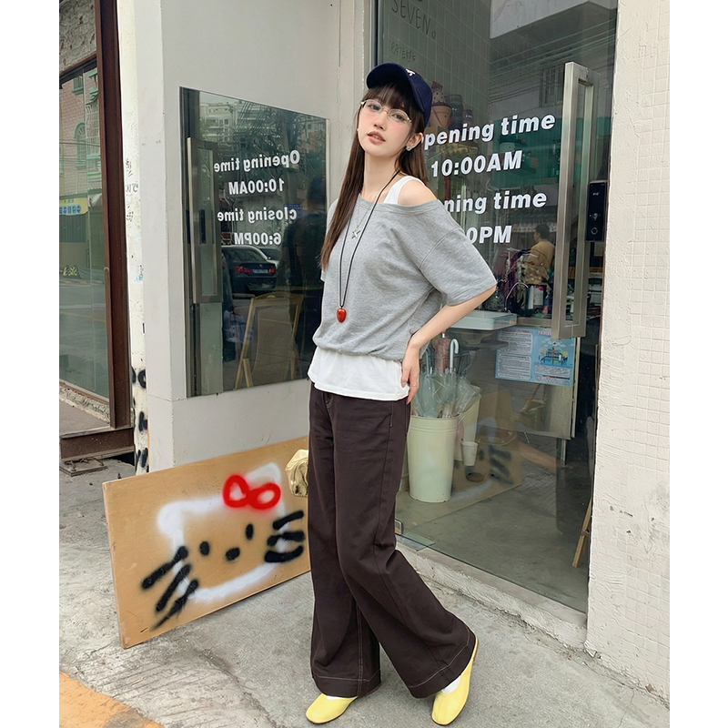 實拍實價#灰色假兩件斜肩短袖t恤女2026年春休閑收腰寬松露肩上衣