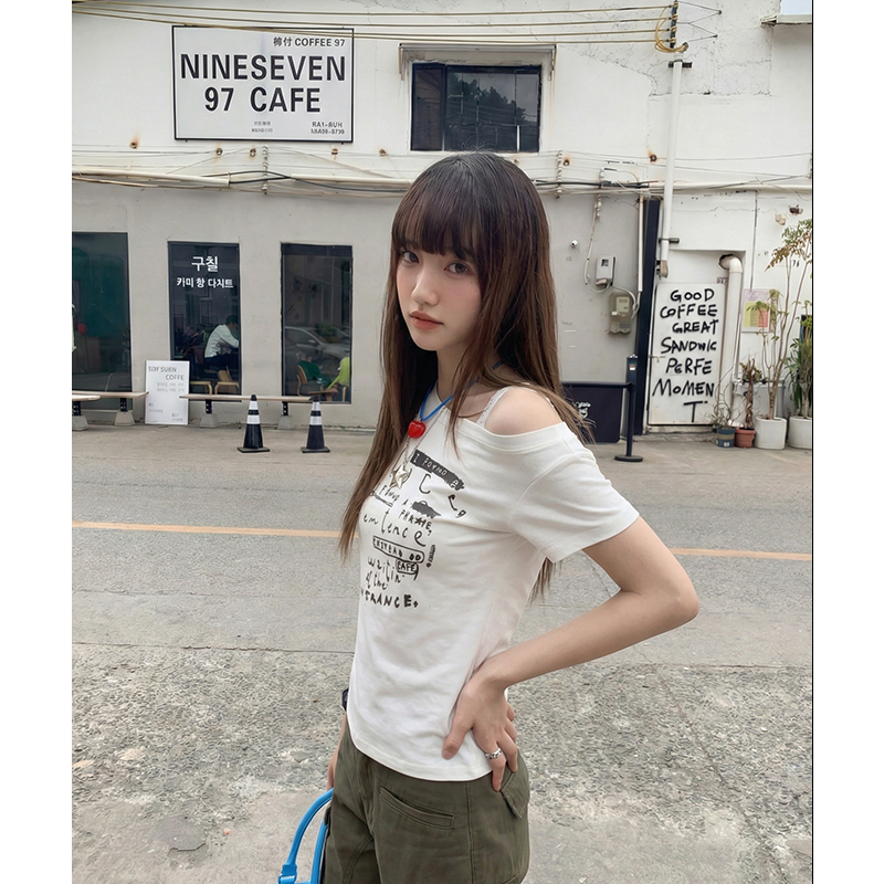 實拍實價#短袖t恤女2026夏季新款印花蕾絲吊帶拼接露肩斜肩上衣潮