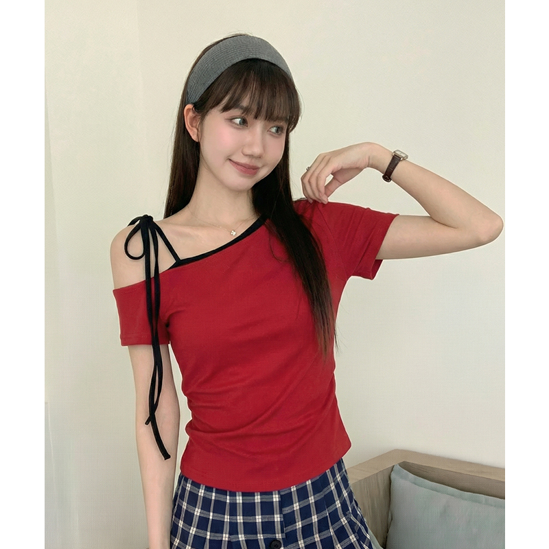 實拍實價#斜肩紅色短袖t恤女夏季高級感2026新款辣妹修身顯瘦綁帶