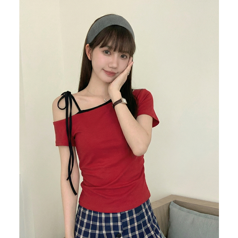 實拍實價#斜肩紅色短袖t恤女夏季高級感2026新款辣妹修身顯瘦綁帶