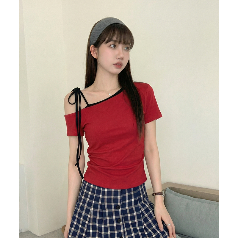 實拍實價#斜肩紅色短袖t恤女夏季高級感2026新款辣妹修身顯瘦綁帶