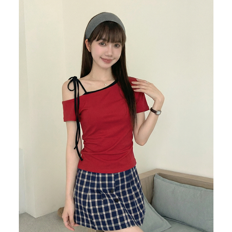 實拍實價#斜肩紅色短袖t恤女夏季高級感2026新款辣妹修身顯瘦綁帶
