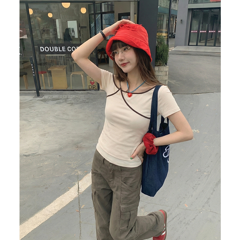實拍實價#杏色假兩件吊帶斜肩短袖t恤女夏季設計感收腰短款體恤