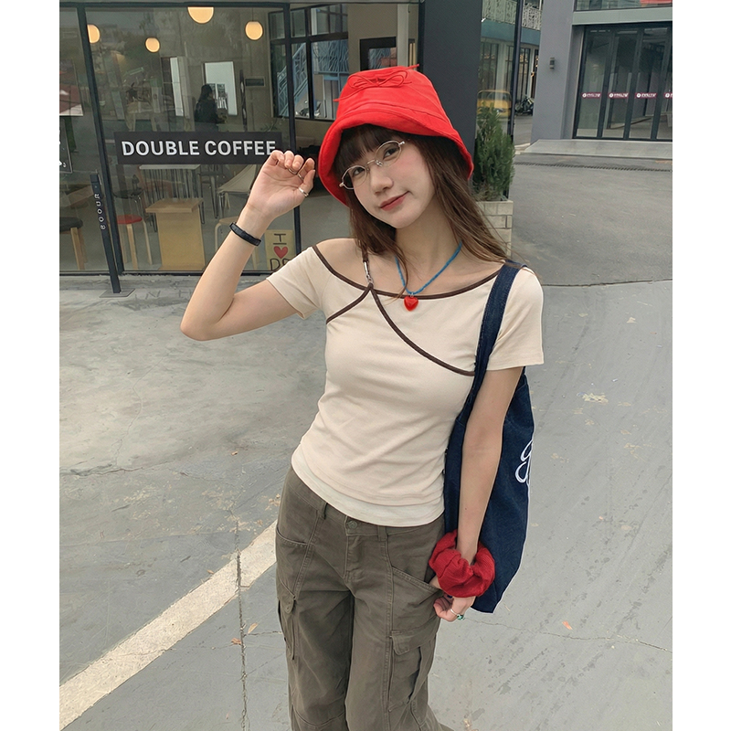 實拍實價#杏色假兩件吊帶斜肩短袖t恤女夏季設計感收腰短款體恤