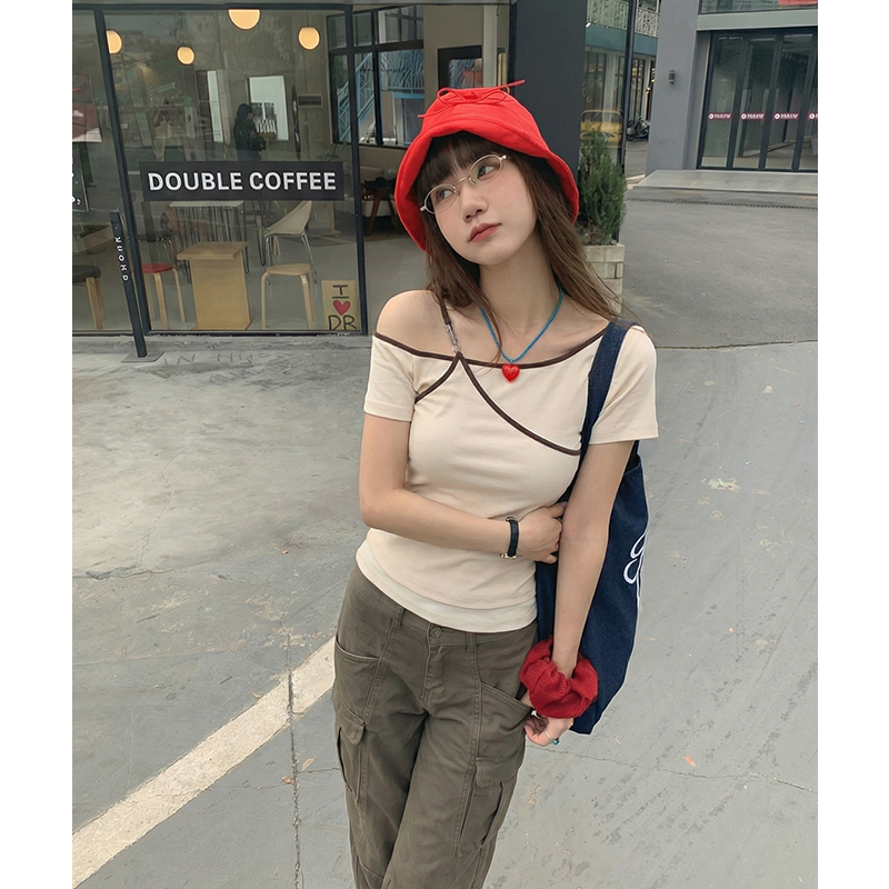實拍實價#杏色假兩件吊帶斜肩短袖t恤女夏季設計感收腰短款體恤
