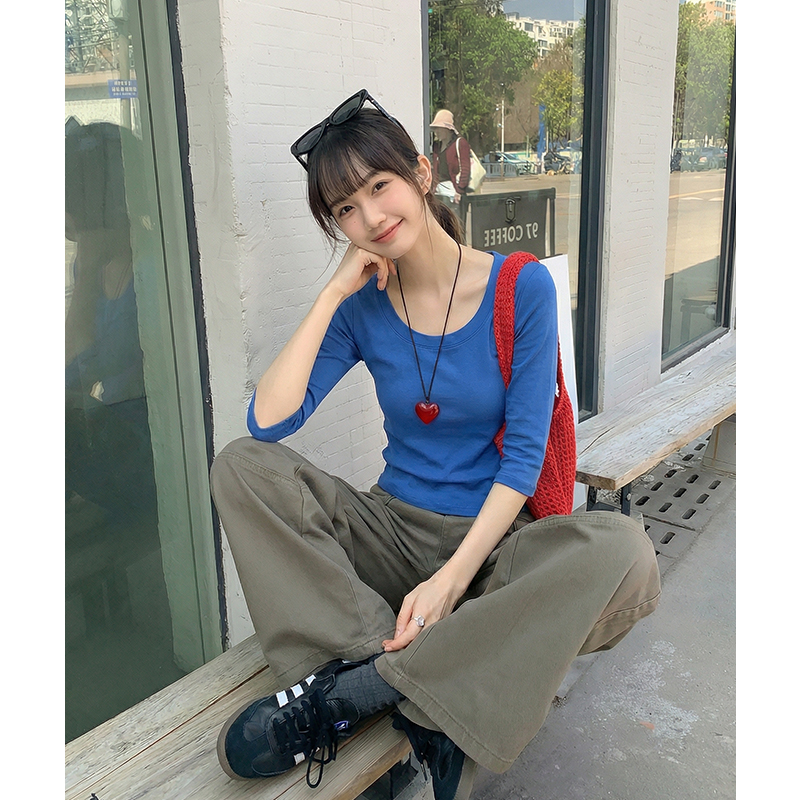實拍實價#灰色七分袖u領正肩t恤女2026新款夏季打底衫中袖五分袖