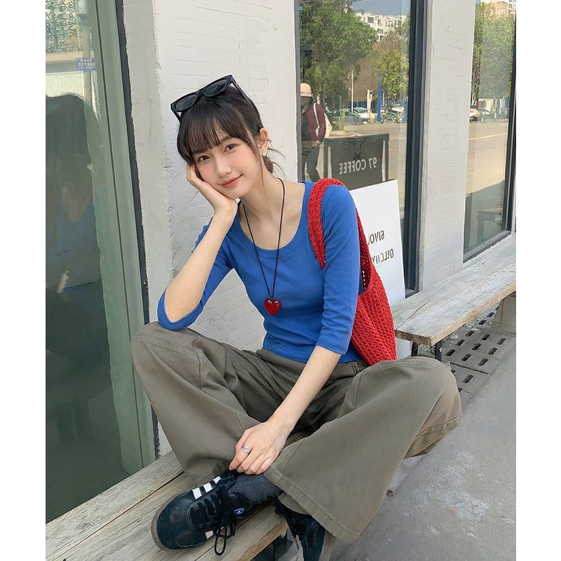 實拍實價#灰色七分袖u領正肩t恤女2026新款夏季打底衫中袖五分袖