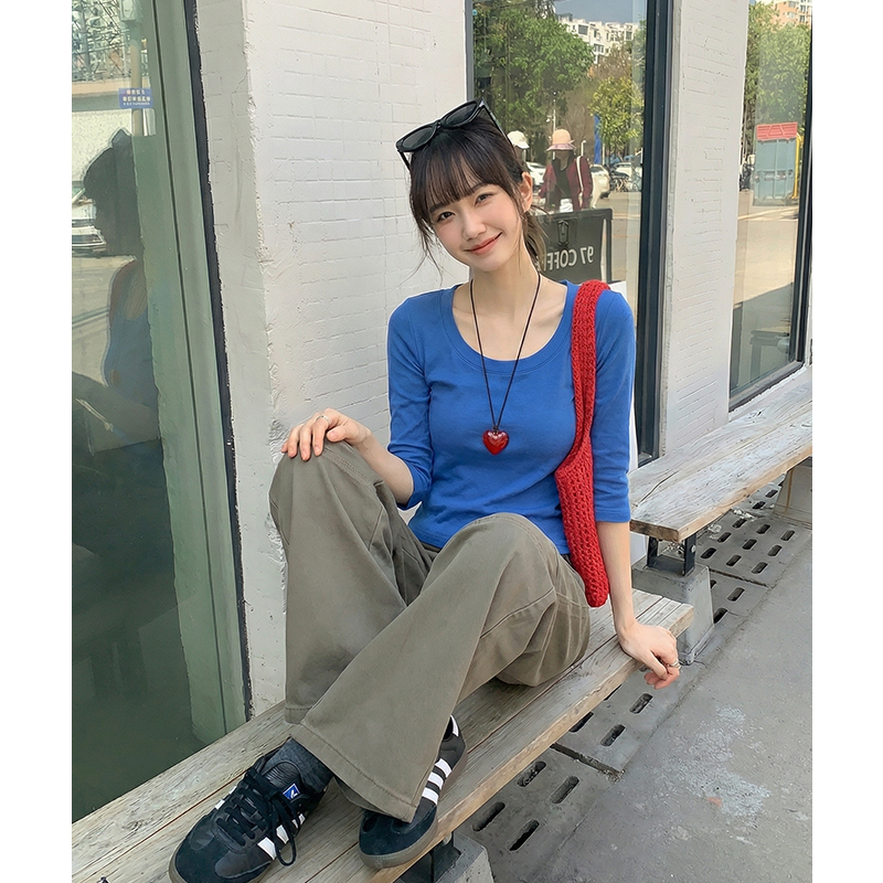 實拍實價#灰色七分袖u領正肩t恤女2026新款夏季打底衫中袖五分袖