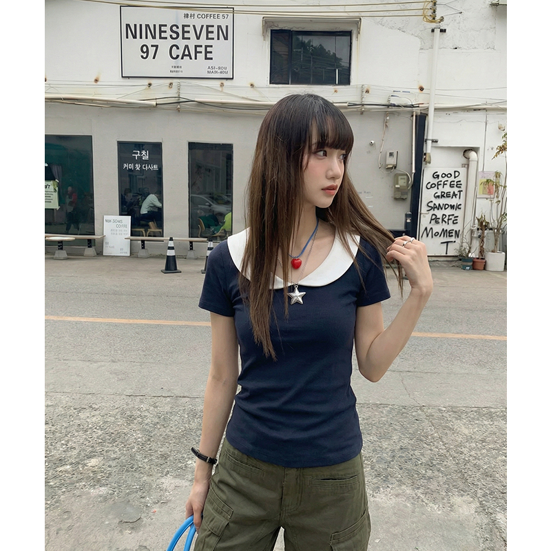實拍實價#韓系藏藍色娃娃領正肩短袖t恤女2026夏季新款休閑短款